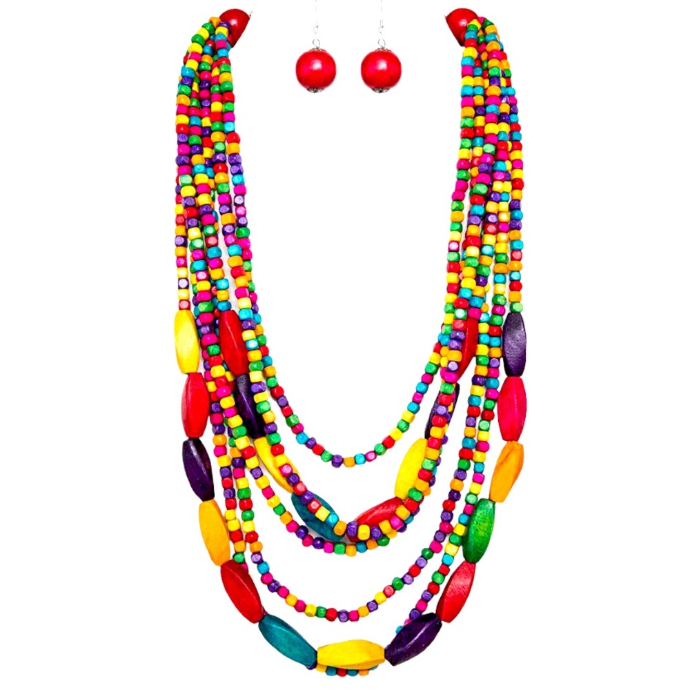 Long Colorful Wooden Bead Statement Layer Necklace